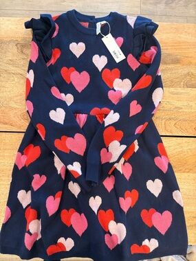 Navy Heart Knit Dress with Ruffle Shoulders